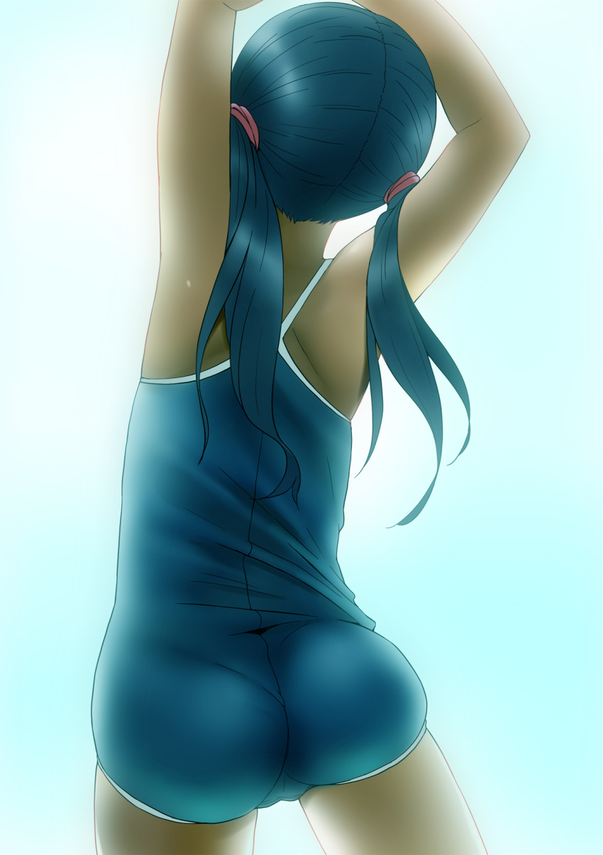 ahiruaoba, arm_up, arms_up, ass, black_hair, from_behind, highres, long_hair, one-piece_swimsuit, original, solo, stretch, swimsuit, twintails