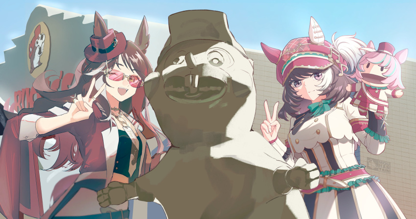 2girls, :d, ;d, absurdres, animal_ears, artist_collaboration, beamed_sixteenth_notes, belt