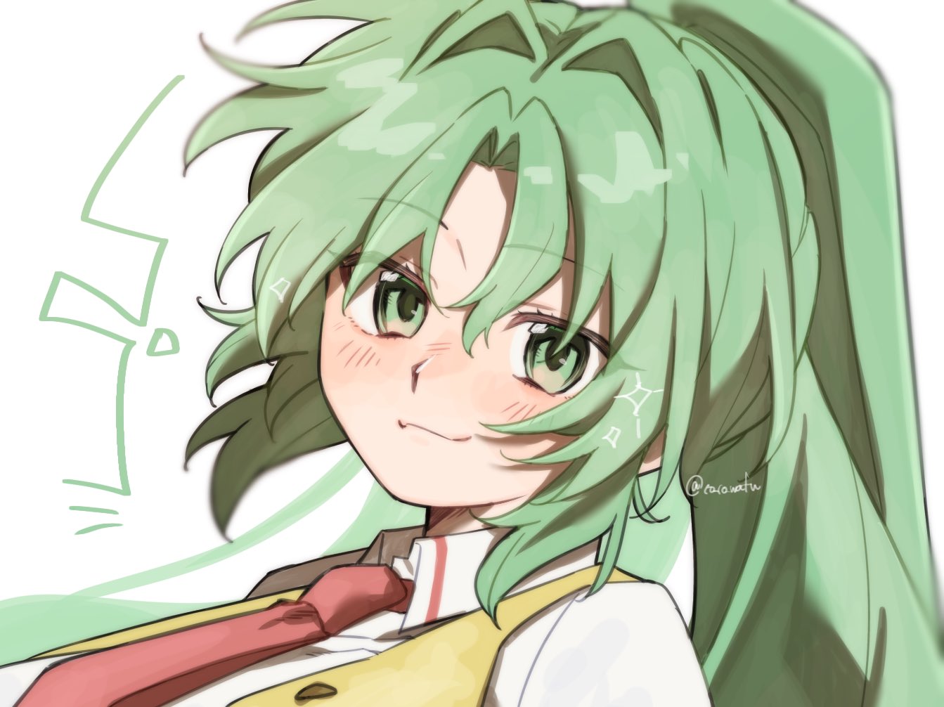 10_10_wafu, 1girl, blush, breasts, closed_mouth, collared_shirt, commentary_request, green_eyes