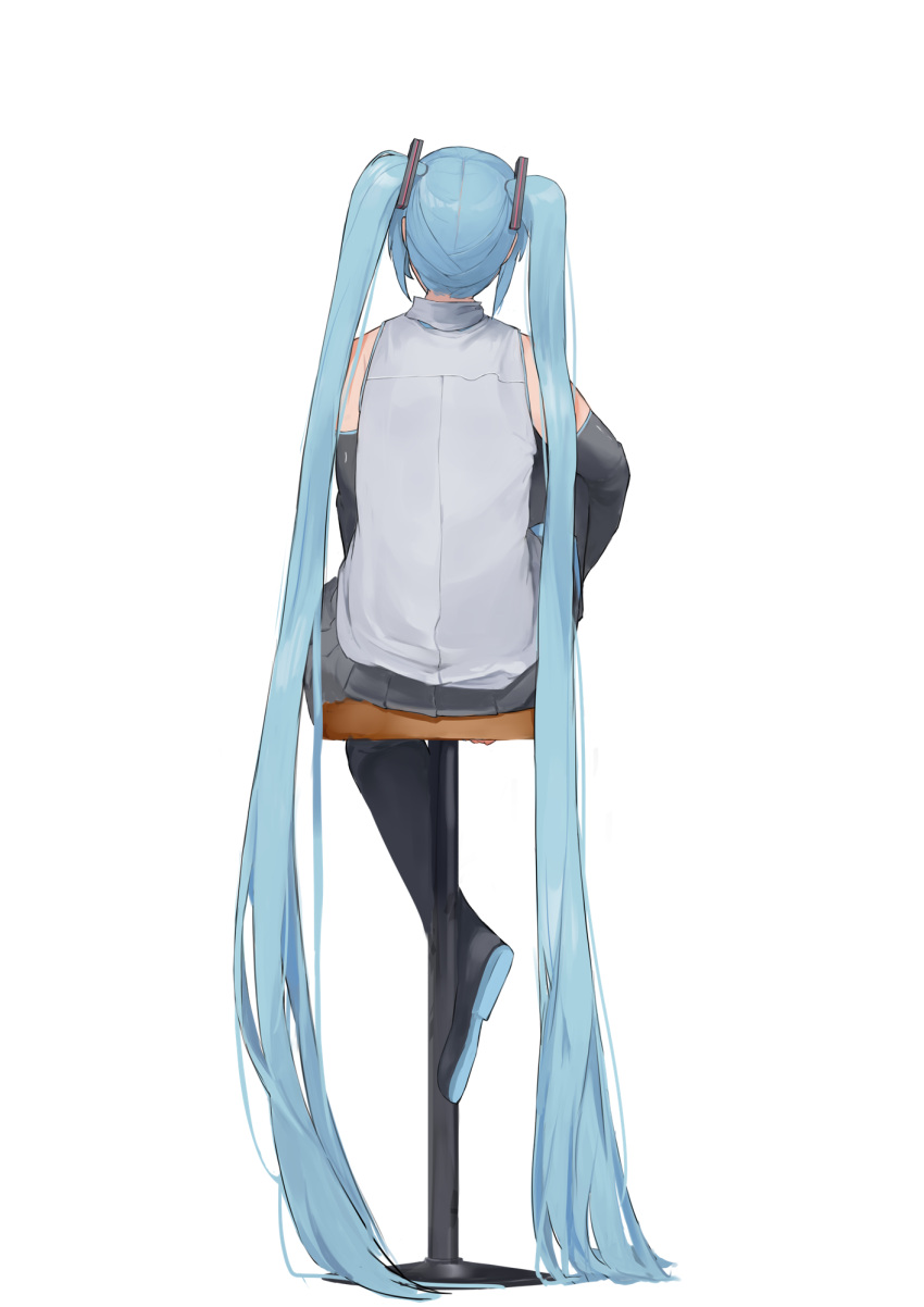 1girl, aqua_hair, back, bar_chair, black_boots, black_skirt, black_sleeves, black_thighhighs