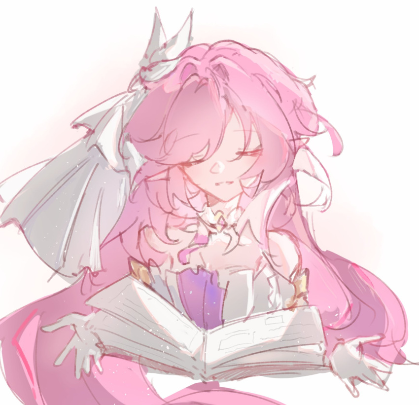 1girl, book, closed_eyes, commentary, corset, elf, elysia_(herrscher_of_human:_ego)_(honkai_impact), elysia_(honkai_impact)