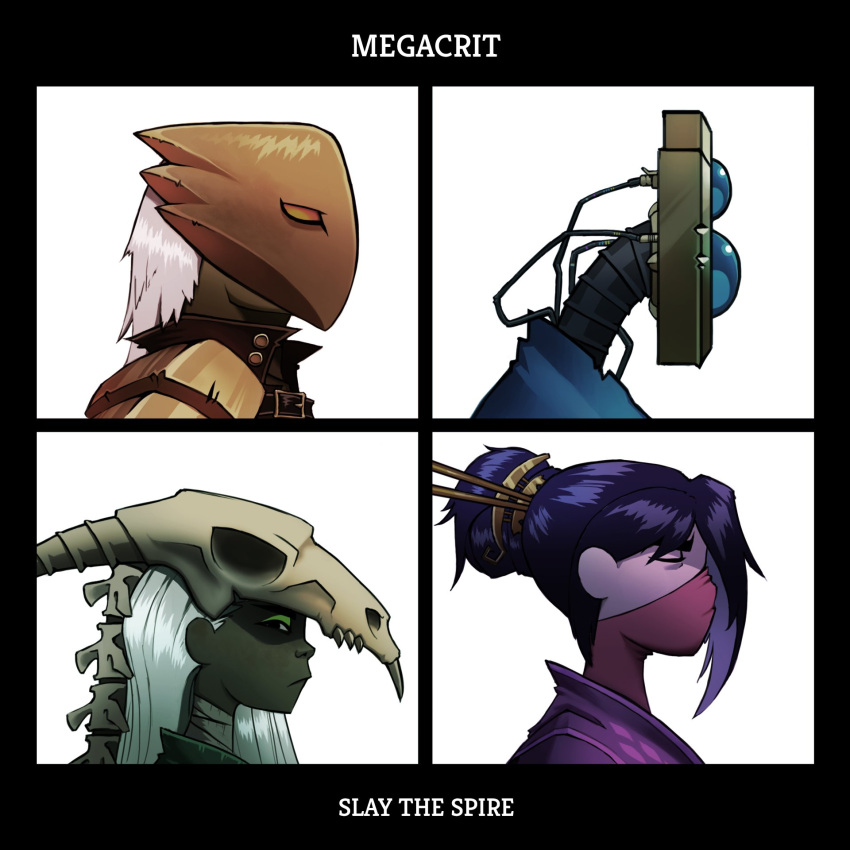1boy, 1other, 2girls, album_cover, album_cover_redraw, animal_skull, armor, blue_hair