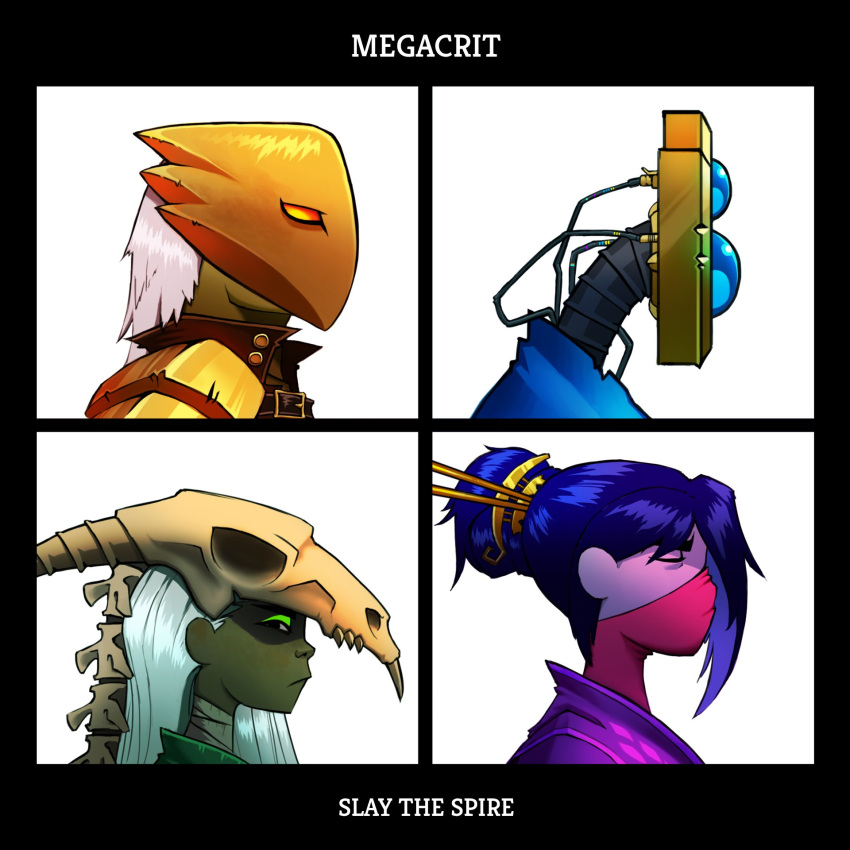 1boy, 1other, 2girls, album_cover, album_cover_redraw, animal_skull, armor, blue_hair