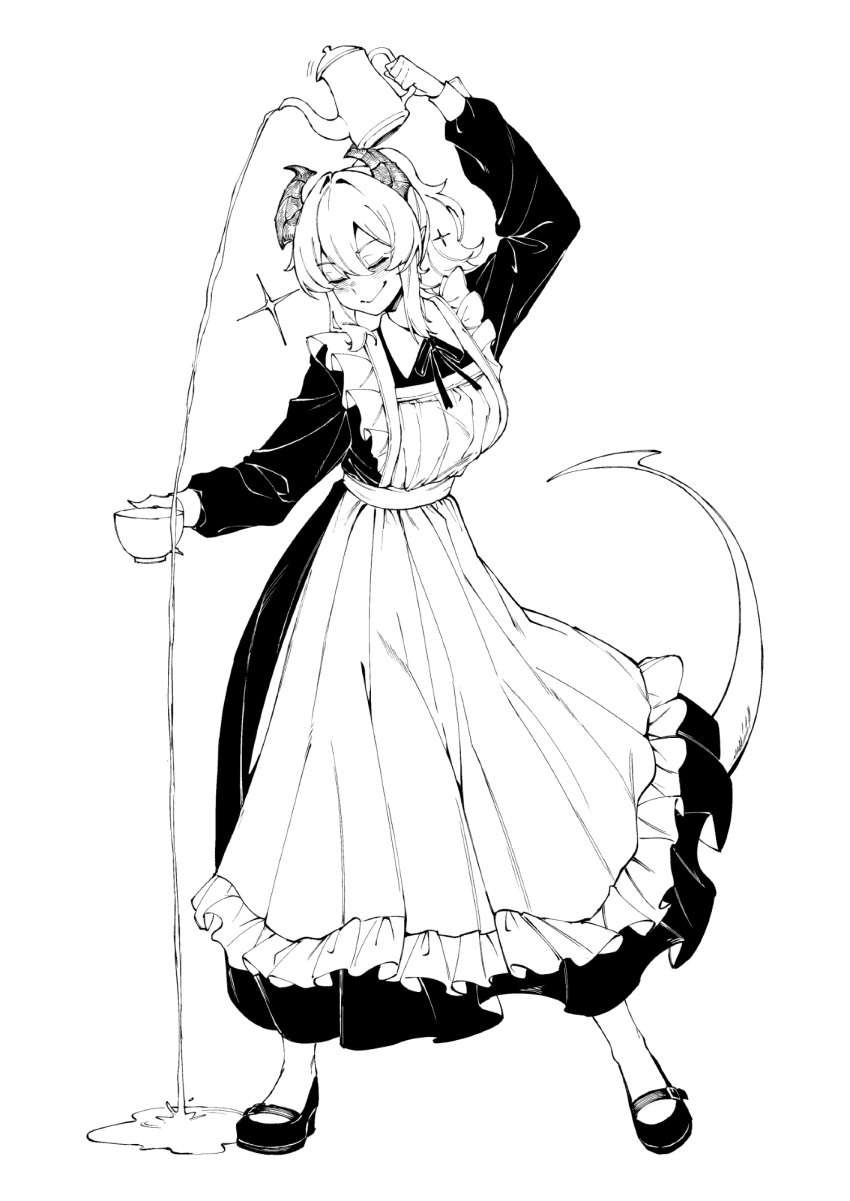 1girl, apron, black_dress, black_shoes, character_request, closed_eyes, closed_mouth, collar