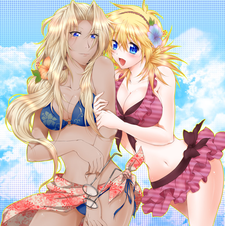 arm_hug, bikini, bikini_skirt, blonde_hair, blue_eyes, blush, breasts, cleavage