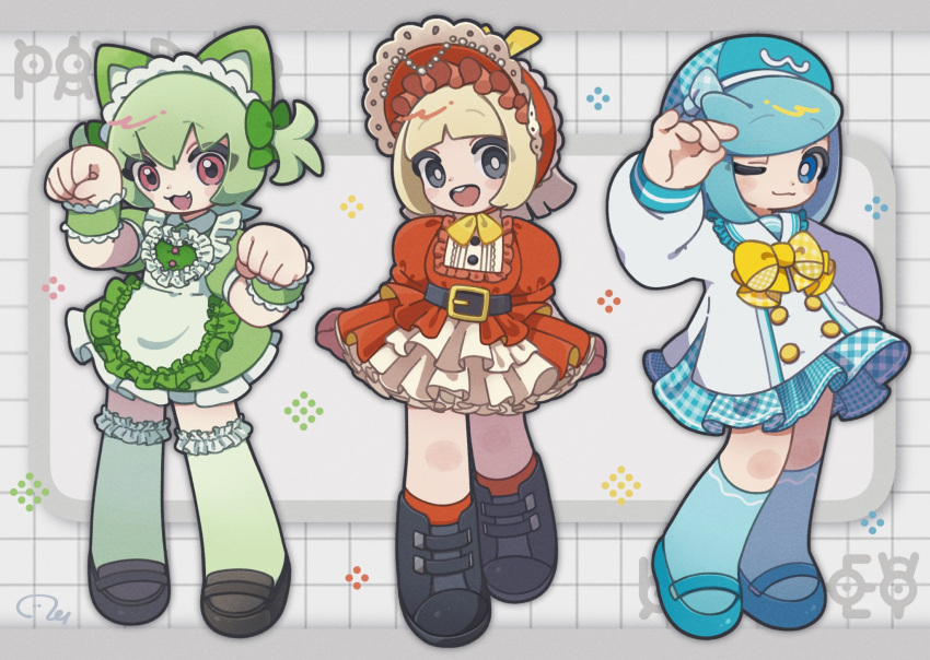 064mn, 3girls, :3, :d, apron, black_boots, black_eyes, black_shoes