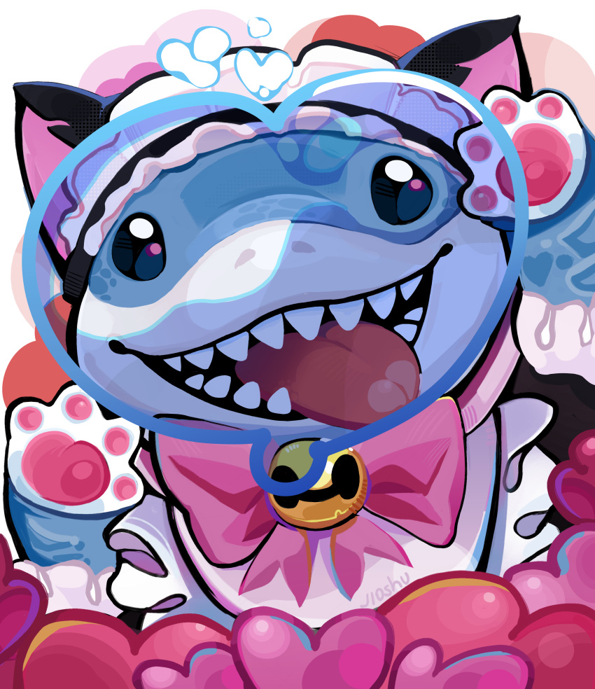 absurdres, apron, artist_name, bell, bubble, commentary, english_commentary, fangs