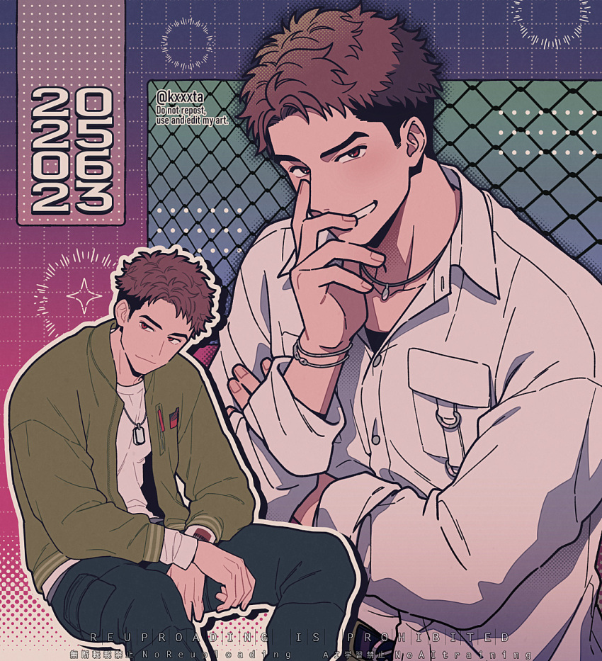 1boy, break_my_case, brown_eyes, brown_hair, commentary_request, dated, grid_background, highres