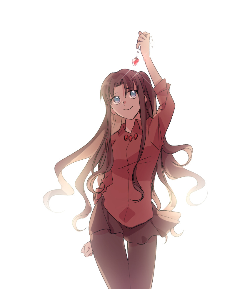 1girl, aged_up, arm_up, black_pantyhose, black_skirt, blue_eyes, brown_hair, commentary_request