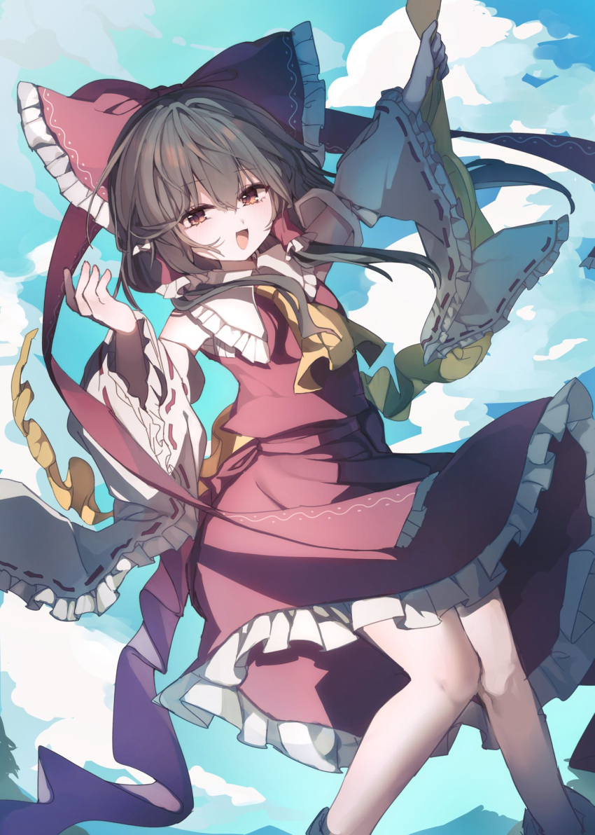 1girl, ascot, blue_sky, bow, brown_eyes, brown_hair, clouds, commentary_request