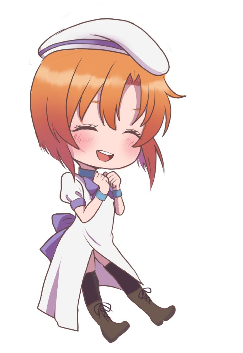1girl, beret, blue_wrist_cuffs, blush, boots, bow, bowtie, brown_boots
