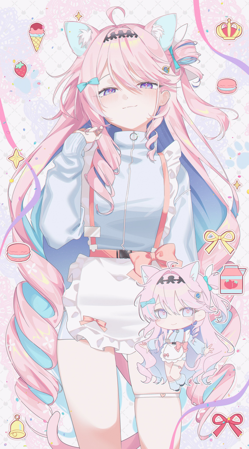 1girl, absurdres, ahoge, alternate_costume, animal_ears, apron, blue_hair, blue_jacket