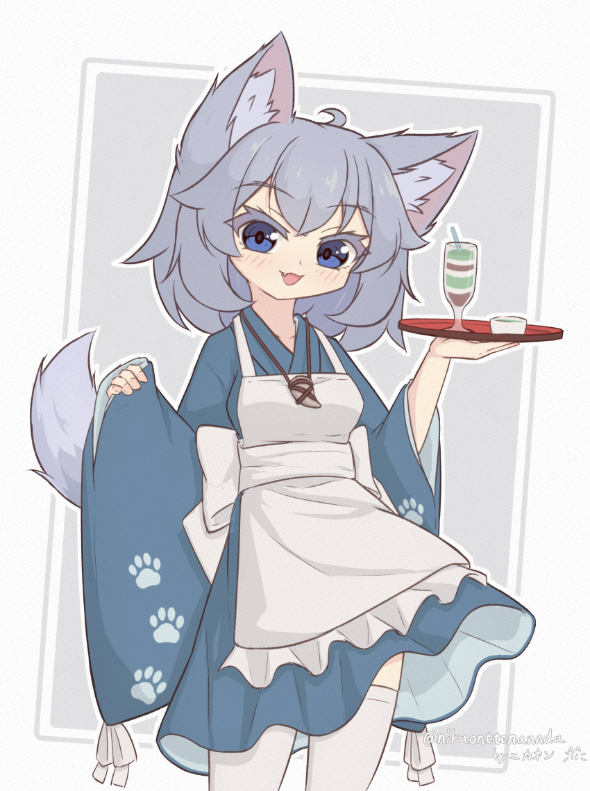 1girl, ahoge, animal_ear_fluff, animal_ears, apron, blue_eyes, blue_kimono, blush