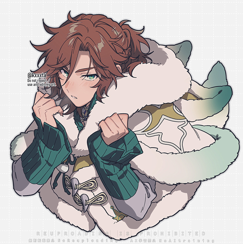 1boy, blush, brown_hair, coat, cropped_torso, ensemble_stars!, fur-trimmed_coat, fur_trim