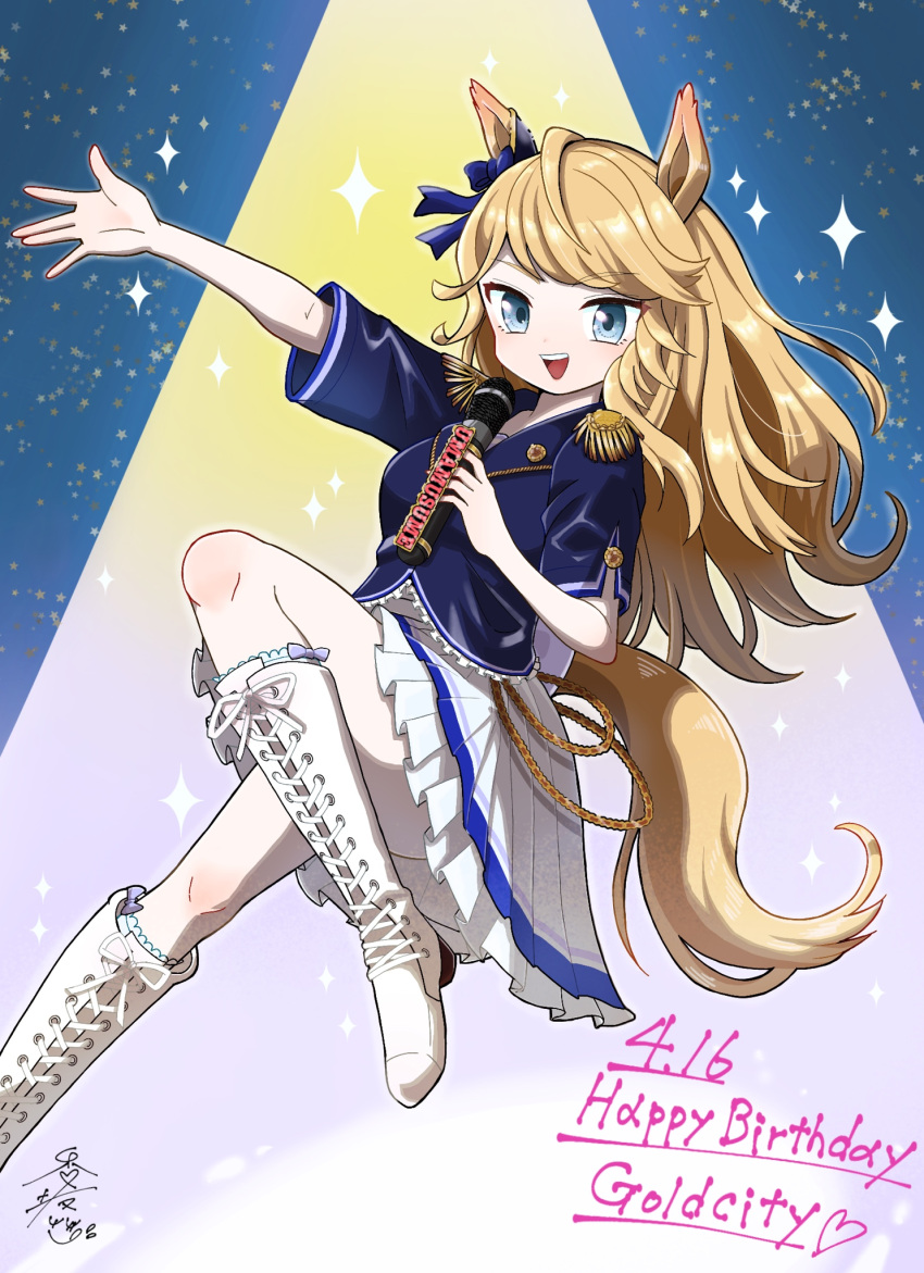 :d, animal_ears, birthday, blonde_hair, blue_eyes, blue_jacket, blue_ribbon, boots