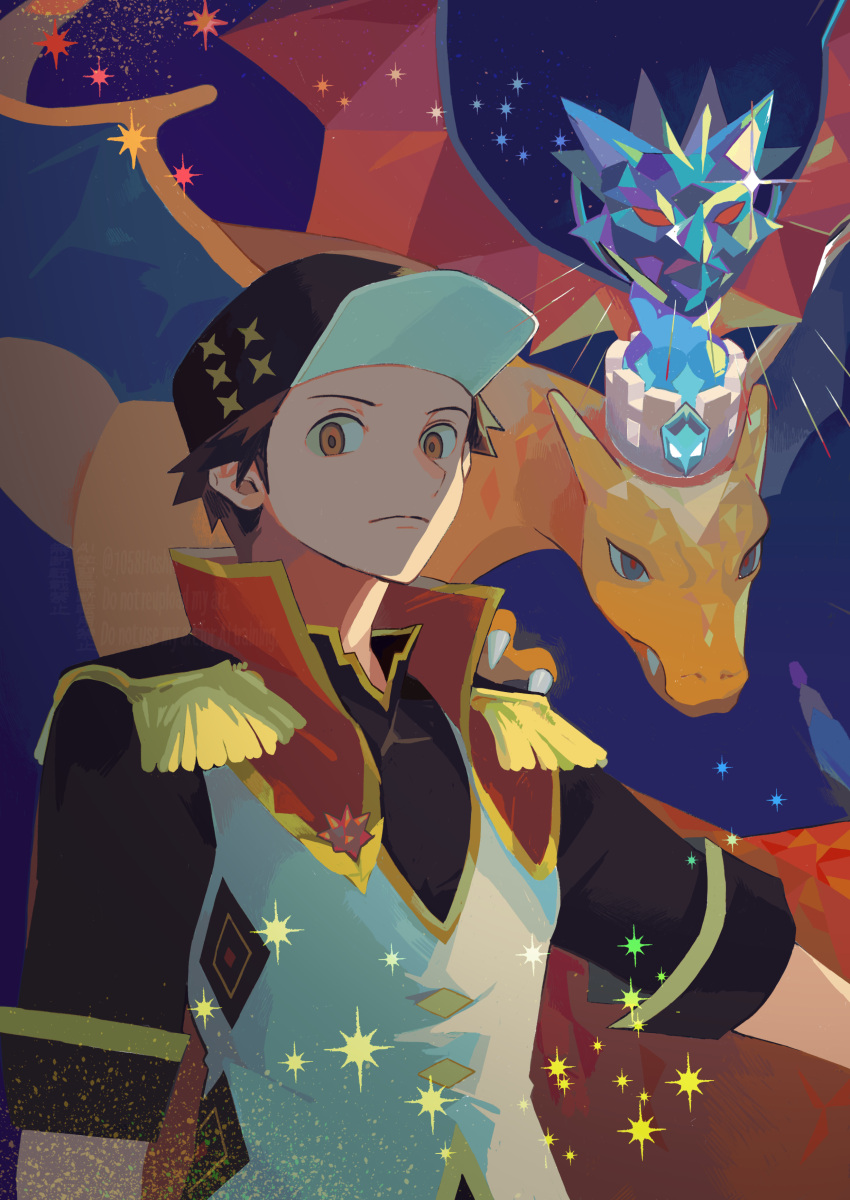 1058hoshi, 1boy, absurdres, baseball_cap, blue_background, brown_eyes, charizard, closed_mouth