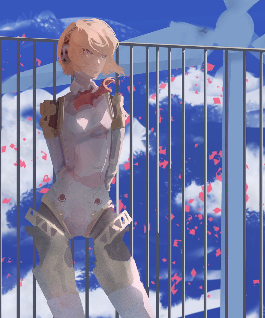 absurdres, aigis_(persona), arms_behind_back, blonde_hair, boogiedraws, bow, bowtie, commentary