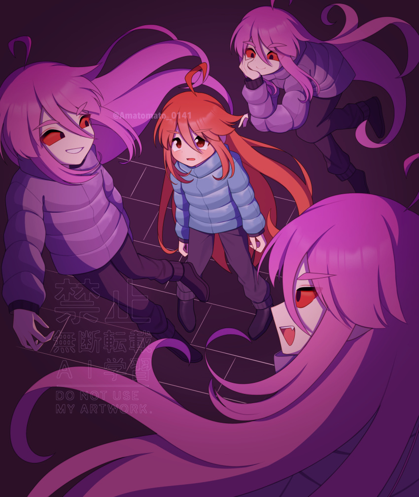 2girls, ahoge, amatomato_0141, badeline, black_eyes, black_pants, black_shoes, blue_coat
