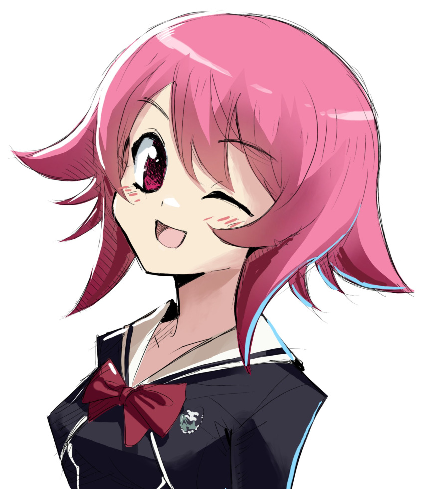 1girl, :d, ;d, bow, breasts, chaos;child, chest_bow, collarbone