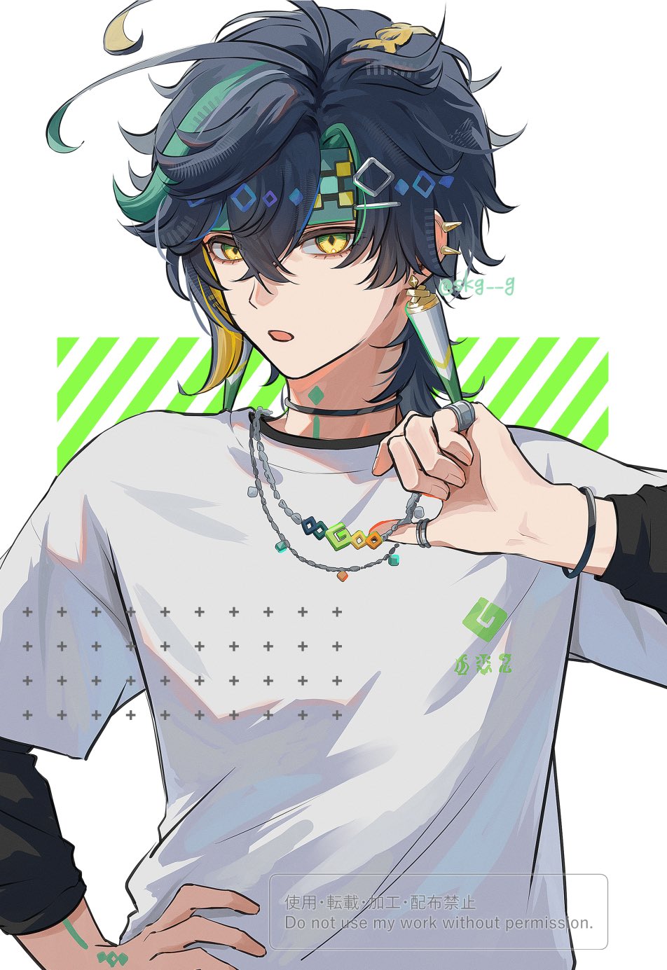 1boy, alternate_costume, black_choker, black_hair, black_sleeves, blonde_hair, choker, commentary