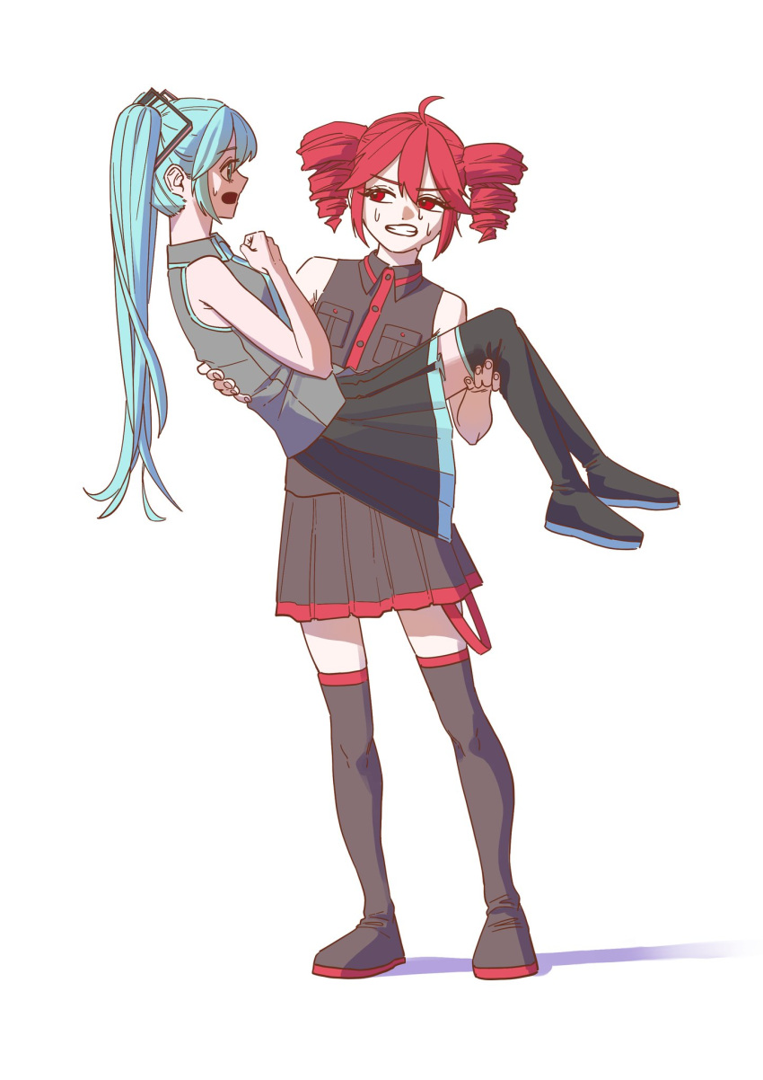 2girls, ahoge, aqua_eyes, aqua_hair, aqua_necktie, aqua_trim, bare_shoulders, black_boots