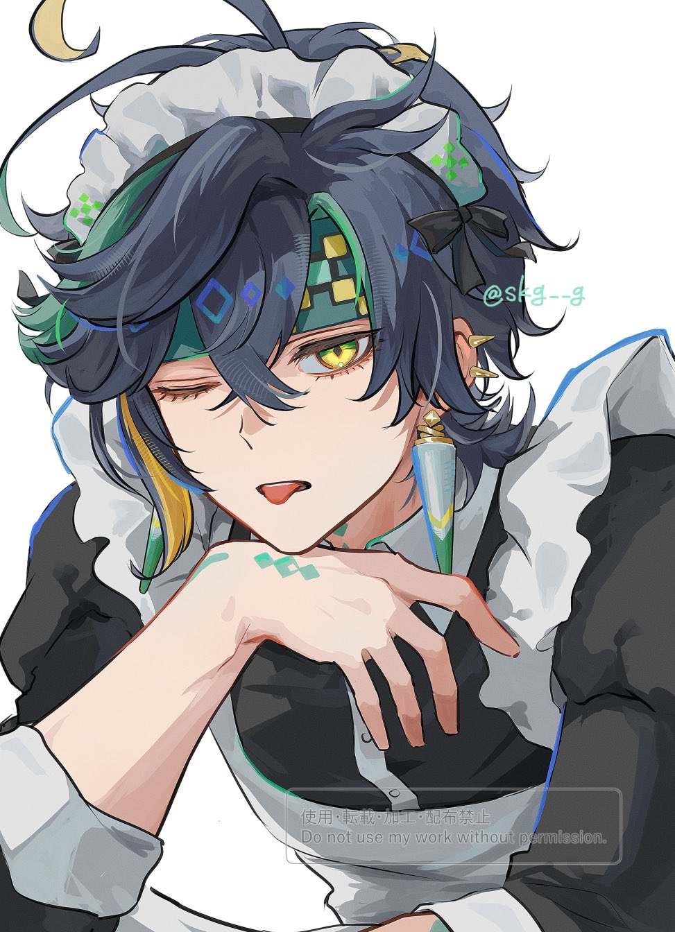 1boy, apron, black_hair, blonde_hair, commentary_request, crossdressing, crossdressing_(mtf), earrings