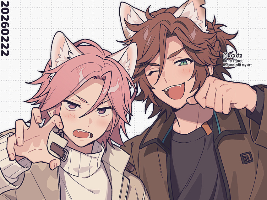2boys, animal_ears, brown_hair, brown_jacket, cat_ears, claw_pose, commentary_request, dated