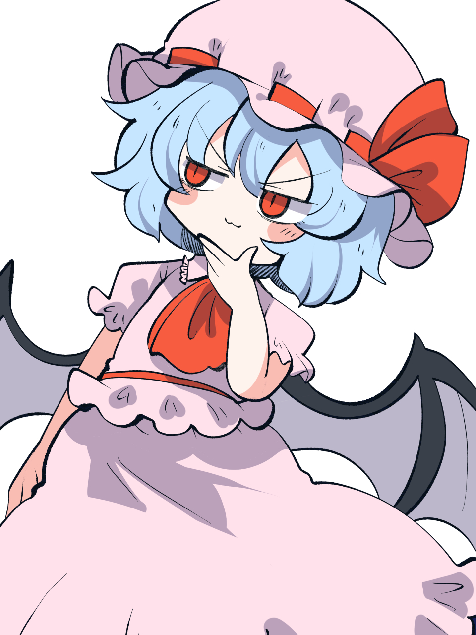 1girl, :3, ascot, bat_wings, blue_hair, blush_stickers, chahan_(fried_rice0614), commentary