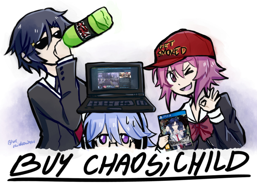 1boy, 2girls, baseball_cap, black_jacket, blue_hair, bluerainbowart, bottle, bow