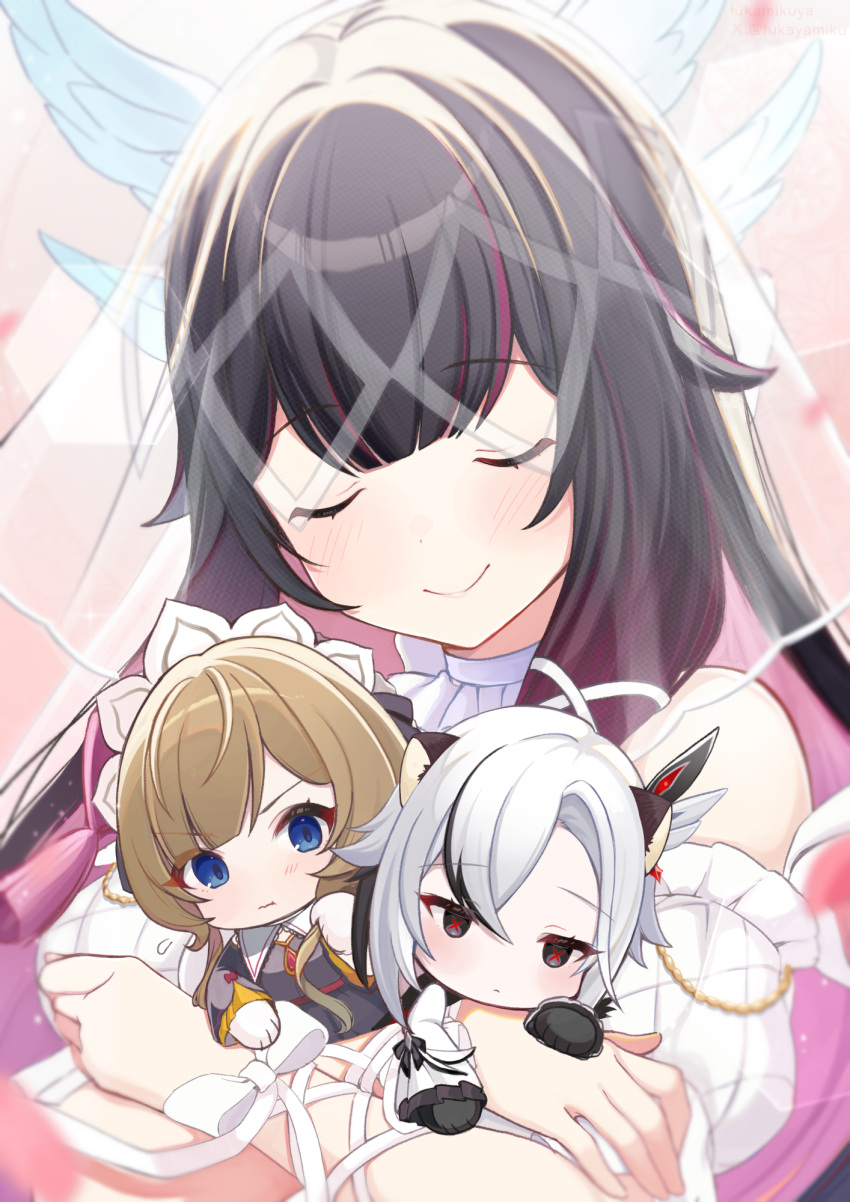 3girls, animal_ears, arlecchino_(genshin_impact), black_eyes, black_hair, blonde_hair, blue_eyes, cat_ears