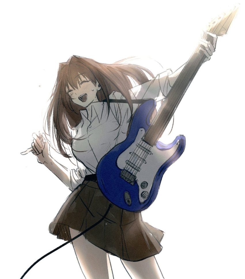 1girl, aozaki_aoko, closed_eyes, electric_guitar, guitar, highres, holding, holding_instrument, instrument, mahou_tsukai_no_yoru, open_mouth, pleated_skirt, shirt, skirt, sweat, thdtjddus2810, thighs, white_background, white_shirt