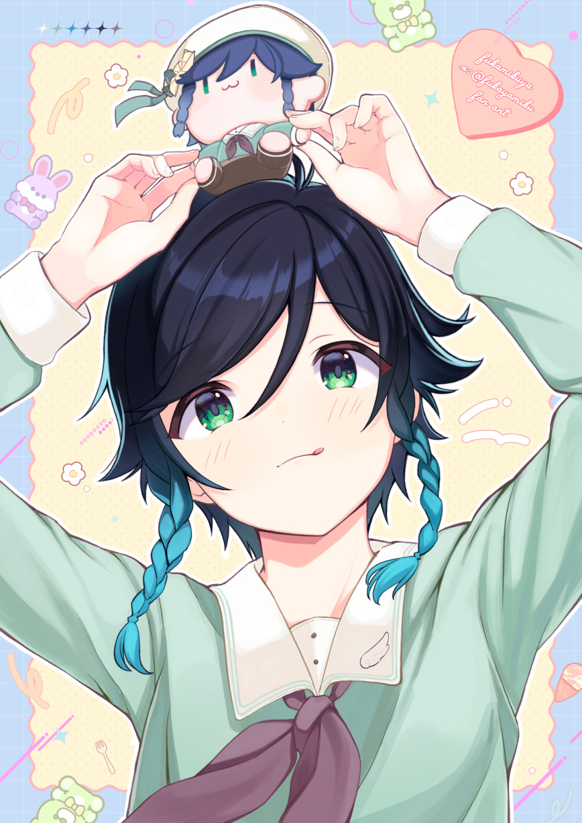 1boy, :q, aqua_hair, aqua_shirt, black_hair, black_neckerchief, blush, braid, character_doll, commentary_request, doll, fukaya_miku, genshin_impact, gradient_hair, green_eyes, highres, holding, holding_stuffed_toy, long_sleeves, male_focus, multicolored_hair, neckerchief, shirt, solo, stuffed_toy, tongue, tongue_out, twin_braids, venti_(genshin_impact)