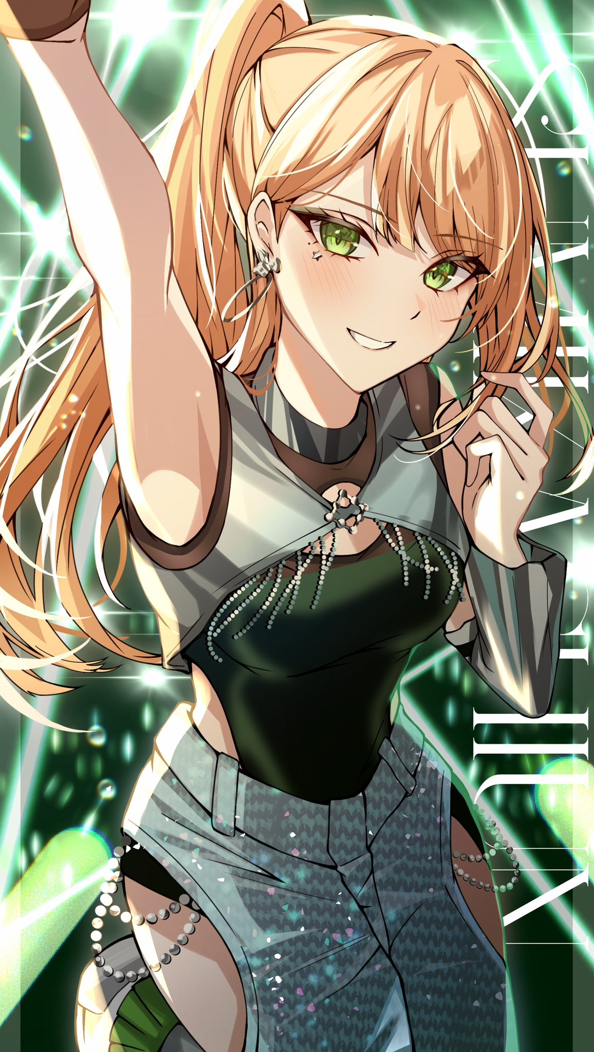 1girl, arm_up, blonde_hair, character_name, clothing_cutout, commentary_request, earrings, gakuen_idolmaster, garan_(garan0502), green_eyes, green_leotard, high_ponytail, highres, hip_vent, hoop_earrings, idolmaster, jewelry, leotard, leotard_under_clothes, long_hair, looking_at_viewer, ponytail, shiun_sumika, smile, solo