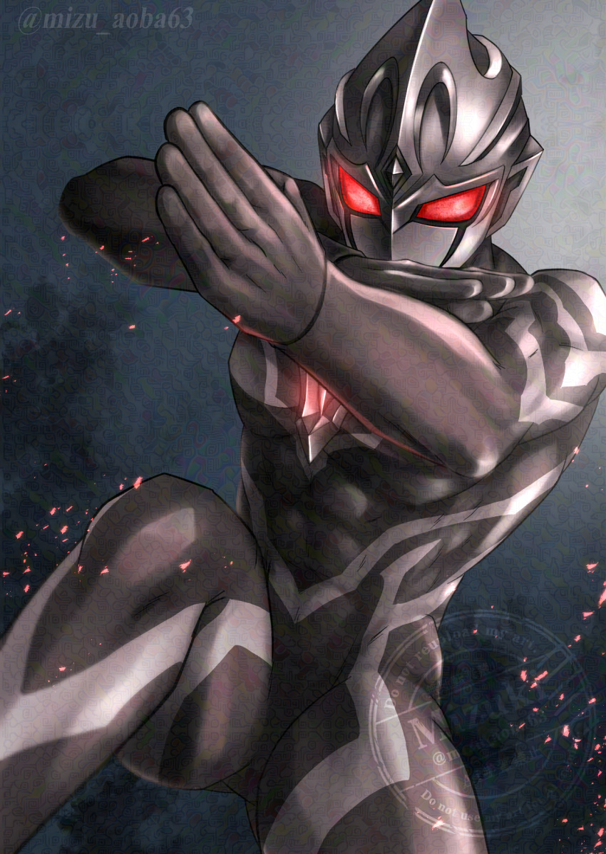 1boy, abs, adversarial_noise, alien, arm_across_chest, black_skin, blue_background, color_timer