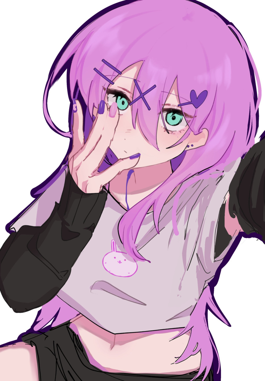 1girl, absurdres, aqua_eyes, aubrey_(faraway)_(omori), aubrey_(omori), black_shorts, commentary, double-parted_bangs, forest_bunny_(omori), fuchome, hair_ornament, hairclip, hand_on_own_face, heart_hairpin, highres, long_hair, looking_at_viewer, multicolored_nails, omori, pink_nails, purple_nails, shirt, shorts