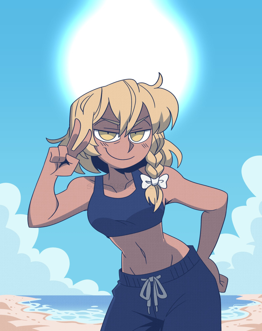 1girl, absurdres, alternate_skin_color, beach, blonde_hair, blue_shorts, blue_sky, blue_sports_bra