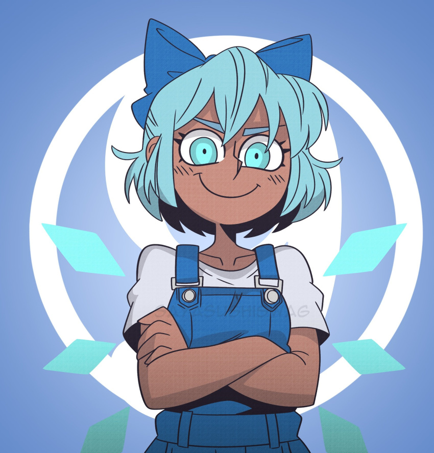 1girl, blue_eyes, blue_hair, blue_skirt, cirno, cirno_day, commentary, crossed_arms