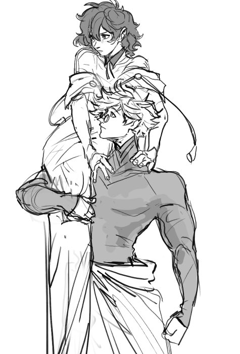 1boy, 1girl, aged_up, agott_arklaum_(tongari_boushi_no_atelier), carrying_over_shoulder, glasses, greyscale, long_sleeves