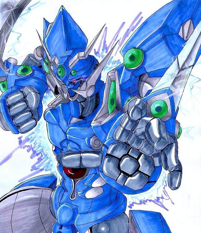 arm_blade, aura, electricity, mecha, no_humans, red_eyes, simple_background, solo