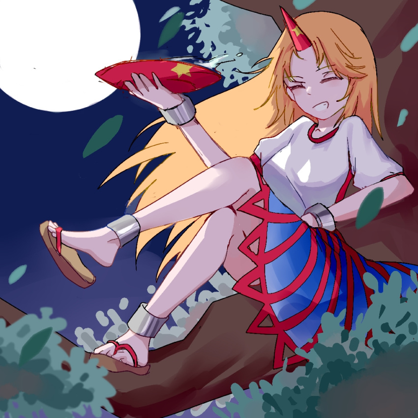 1girl, atai_(56874442), blonde_hair, blue_skirt, commentary_request, horns, hoshiguma_yuugi, long_hair
