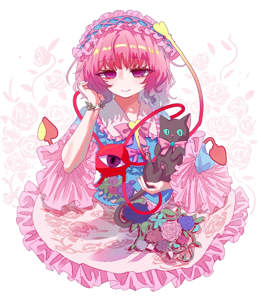 1girl, animal, atai_(56874442), black_cat, blush, bonnet, bow, cat