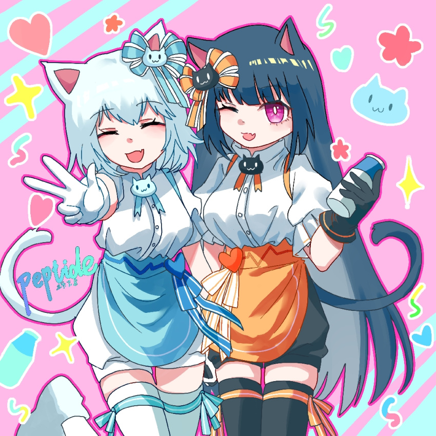 2girls, animal_ears, apron, atai_(56874442), black_hair, blue_hair, bow, cat_ears
