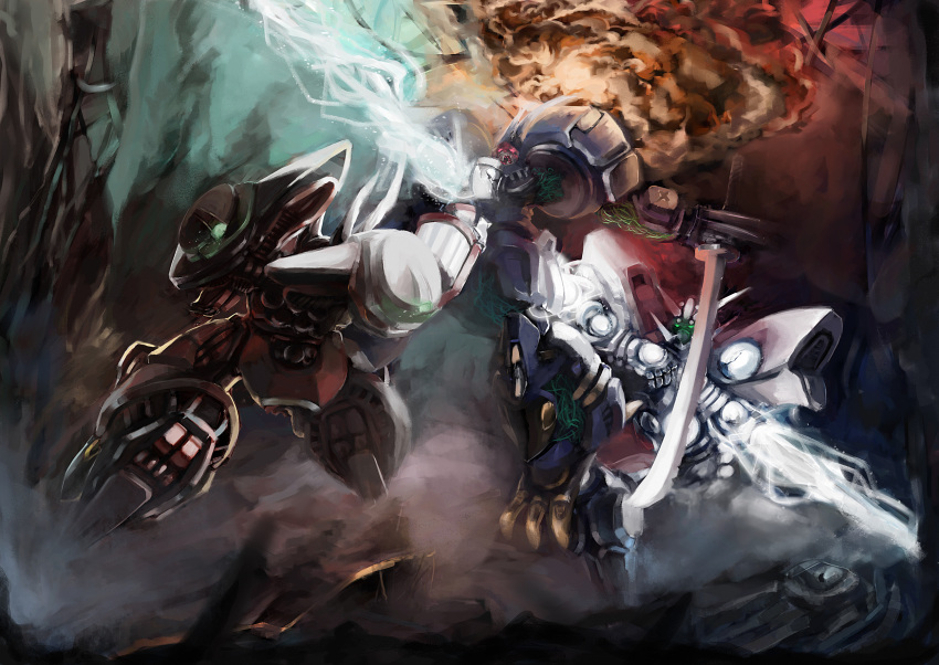ameru.miro, arm_blade, electricity, explosion, glowing, glowing_eyes, green_eyes, highres