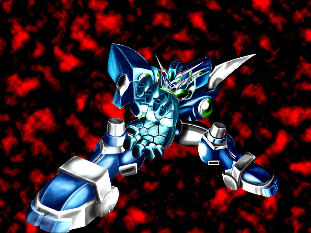 arm_blade, green_eyes, mecha, no_humans, pose, simple_background, solo, soulgain