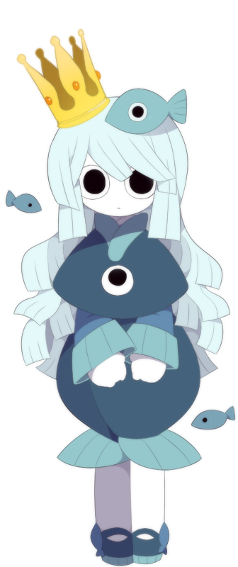 1girl, animal_on_head, aqua_hair, black_eyes, blank_stare, blue_dress, crown, dress, empty_eyes, expressionless, fish, fish_hair_ornament, full_body, funamusea, funamusea_(artist), gold_crown, hair_ornament, jiiya_(funamusea), long_hair, long_sleeves, no_pupils, official_art, on_head, oounabara_to_wadanohara, own_hands_together, shoes, simple_background, solo, standing, uomihime_(funamusea), white_background, wide_sleeves