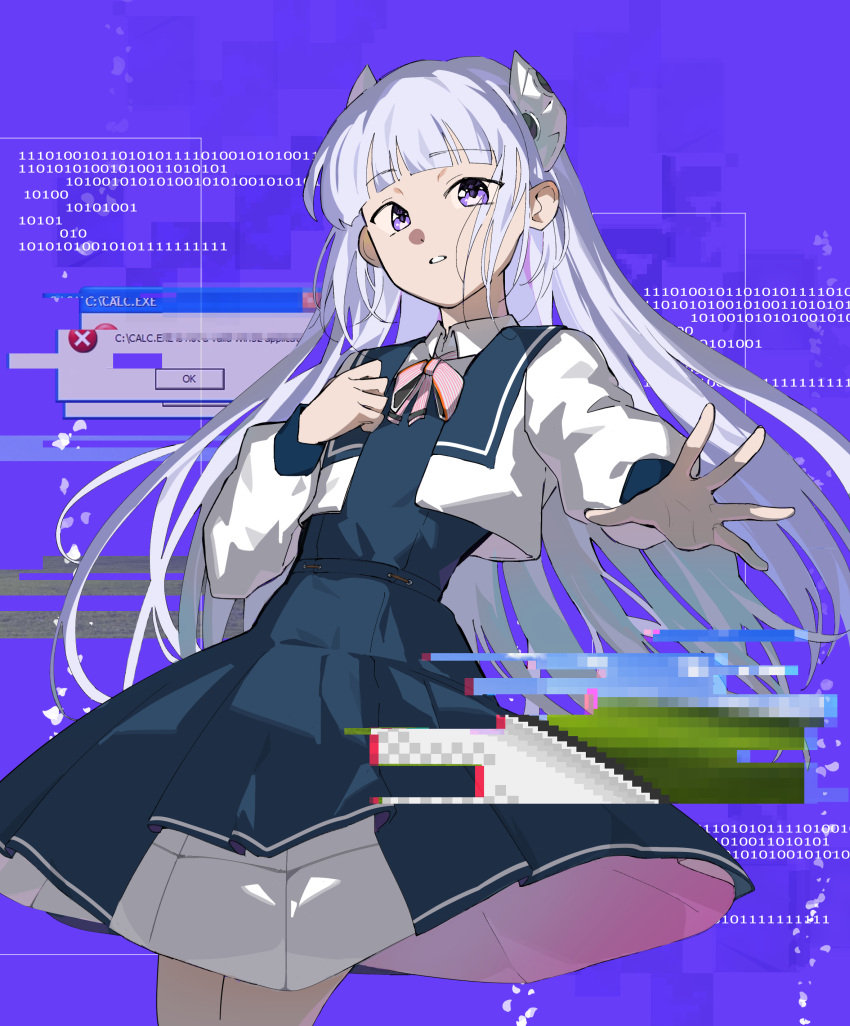 1girl, absurdres, binary, bliss_(image), blue_background, blue_dress, blue_sailor_collar, cowboy_shot