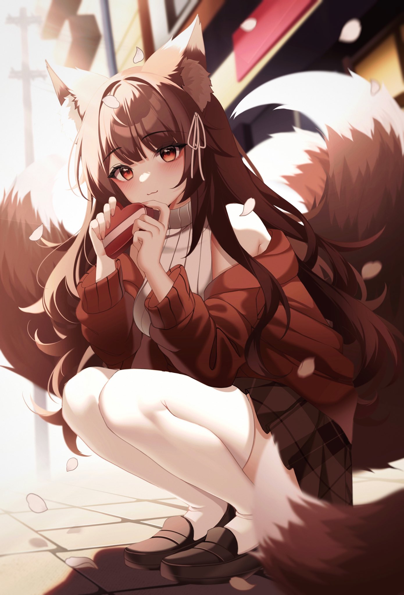 1girl, animal_ears, blush, box, closed_mouth, foxplushy, hair_ribbon, heart-shaped_box