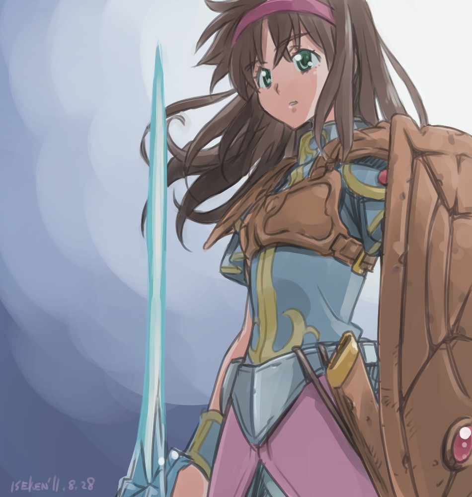 2011, alisa_landeel, armor, armored_dress, blue_background, brown_hair, dated, fantasy