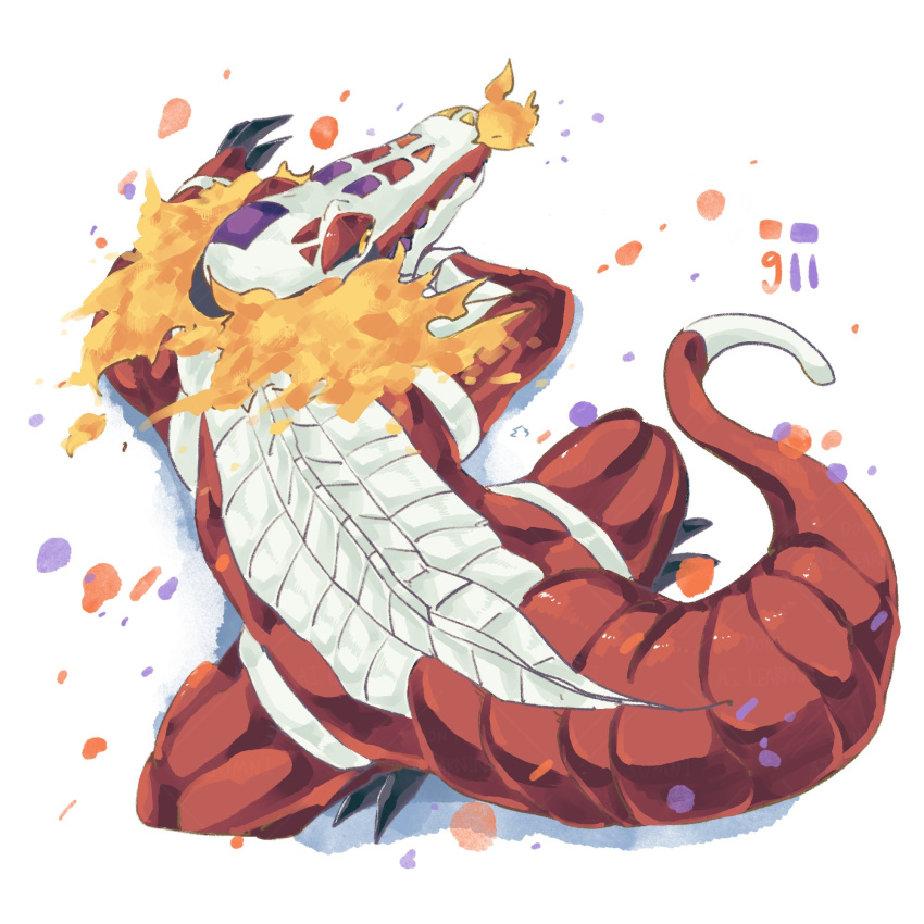 animal_focus, black_sclera, claws, colored_sclera, crocodilian, fire, highres, no_humans, poke_sum818, pokemon, pokemon_(creature), pokemon_focus, skeledirge, tail, yellow_eyes