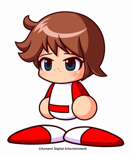 1girl, artist_request, baseball_uniform, blue_eyes, brown_hair, commentary_request, copyright_notice, freckles, jikkyou_powerful_pro_yakyuu, jikkyou_powerful_pro_yakyuu_(style), lowres, momoi_momoka, multicolored_shirt, multicolored_shoes, no_mouth, official_art, power_pro-kun_pocket, power_pro-kun_pocket_12, power_pro-kun_pocket_7, power_pro_appli, rayman_limbs, red_shirt, red_shoes, shirt, shoes, short_hair, solo, sportswear, two-tone_shoes, white_background, white_shirt, white_shoes